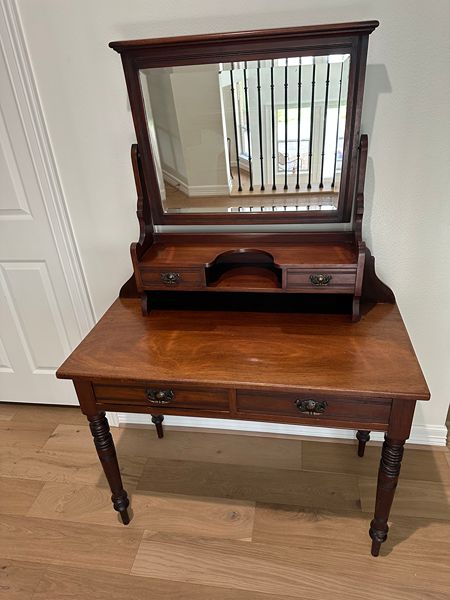 vanity, antique, wood, desk, mirror, room